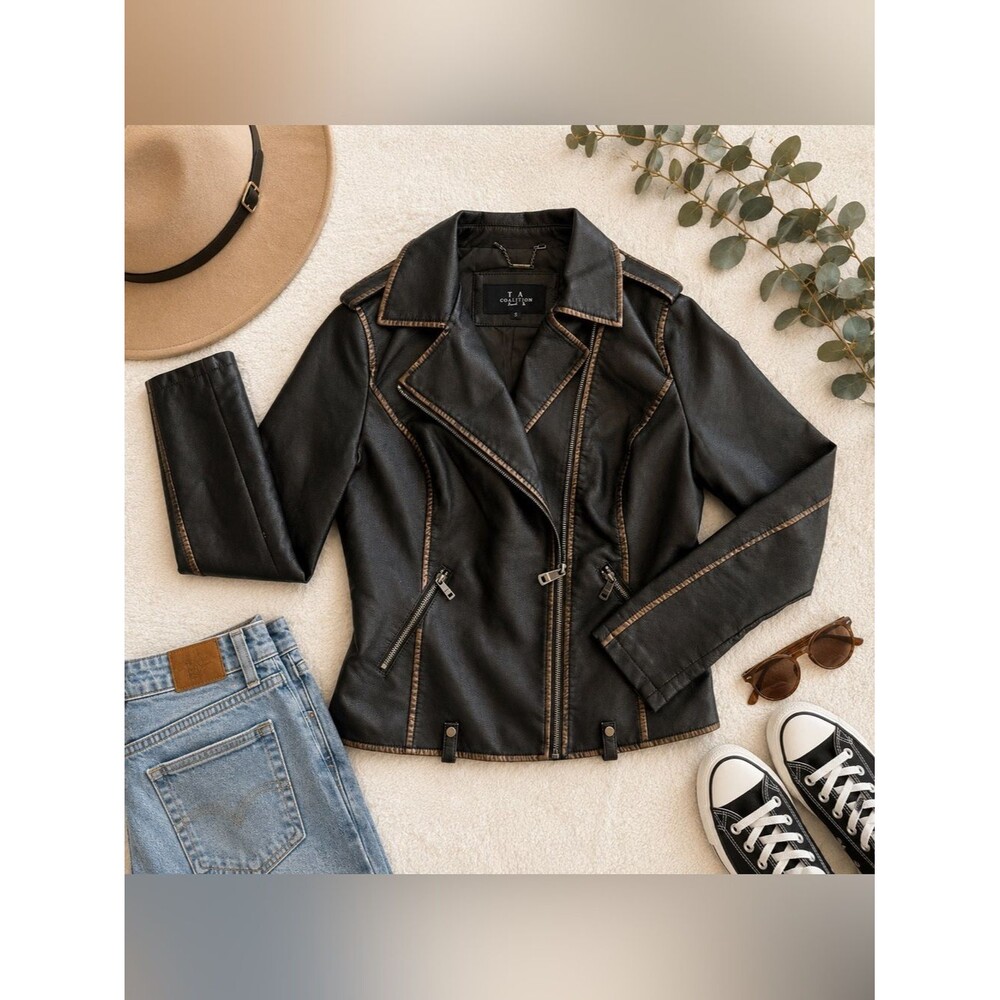Coalition LA Faux Leather Moto Jacket Black Brown Contrast Trim